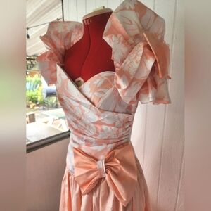 Vintage 80s 90s Floral Garden Party Coral Prom Dress With Ruffles And Bows